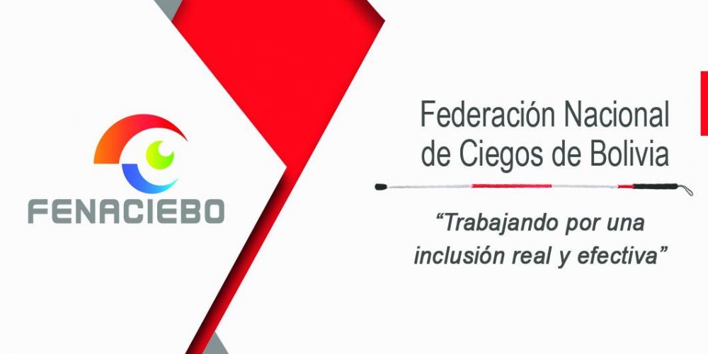 Imagen ilustración rectangular con fondo blanco y detalles en rojo, al lado izquierdo el logo de FENACIEBO en la parte derecha esta escrito: Federación Nacional de Ciegos de Bolivia 